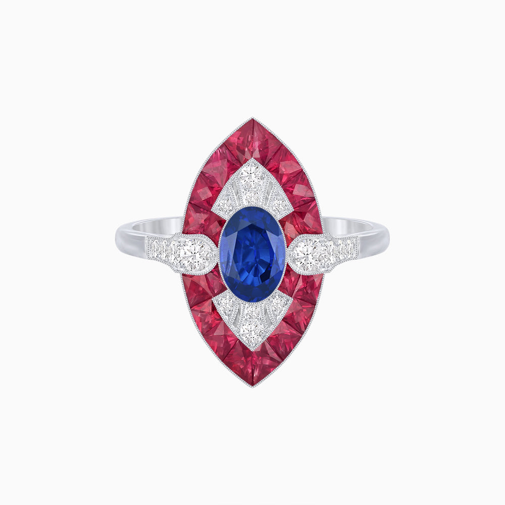Art Deco Inspired Oval Cut Center Ring with Calibré-Cut Gemstone Navette Halo