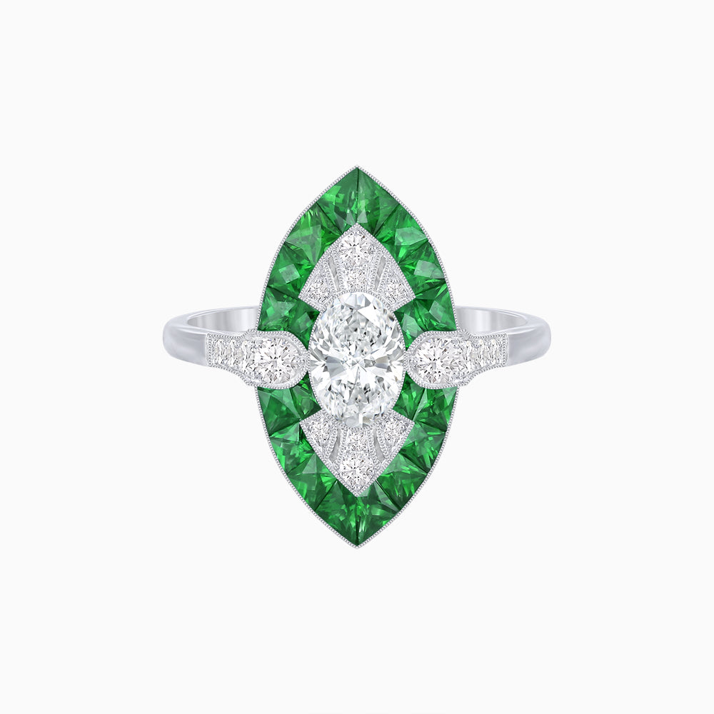 Art Deco Inspired Oval Cut Center Ring with Calibré-Cut Gemstone Navette Halo