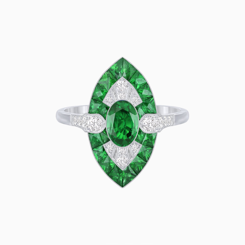 Art Deco Inspired Oval Cut Center Ring with Calibré-Cut Gemstone Navette Halo