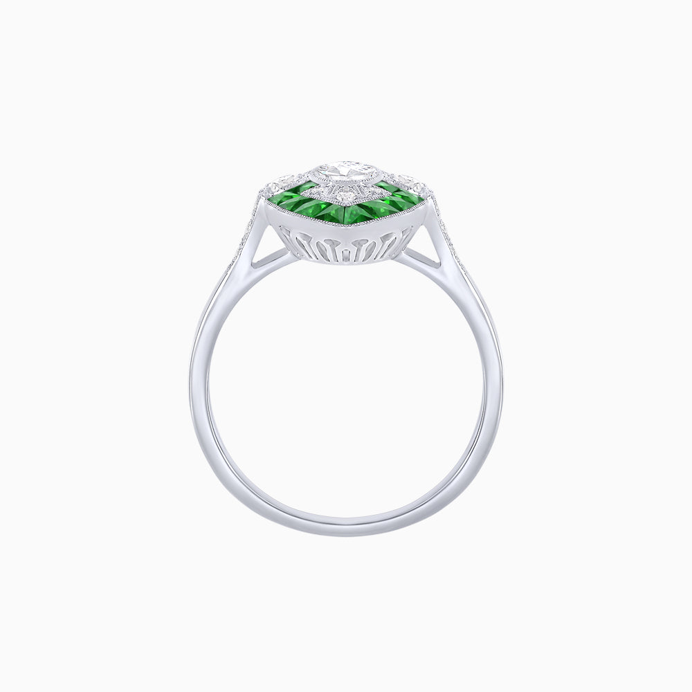 Art Deco Inspired Oval Cut Center Ring with Calibré-Cut Gemstone Navette Halo