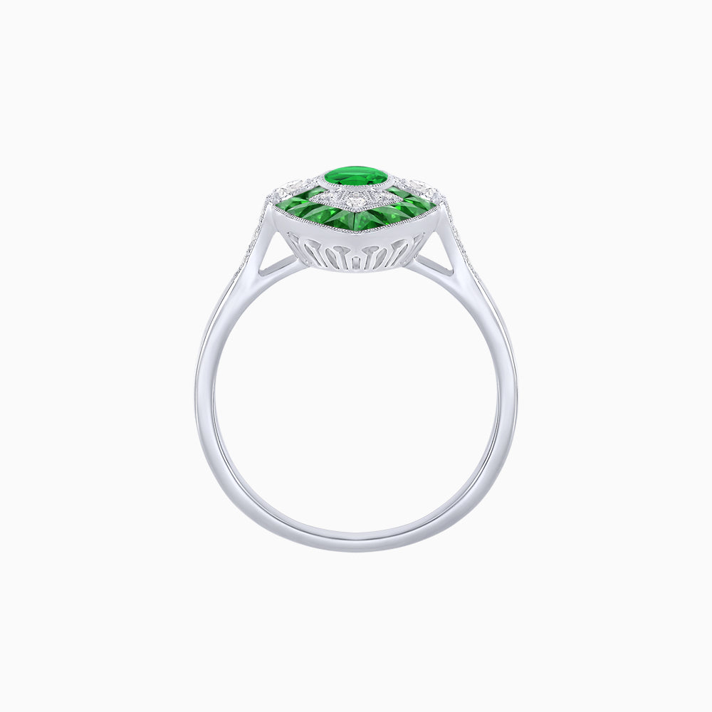 Art Deco Inspired Oval Cut Center Ring with Calibré-Cut Gemstone Navette Halo