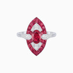 Load image into Gallery viewer, Art Deco Inspired Oval Cut Center Ring with Calibré-Cut Gemstone Navette Halo