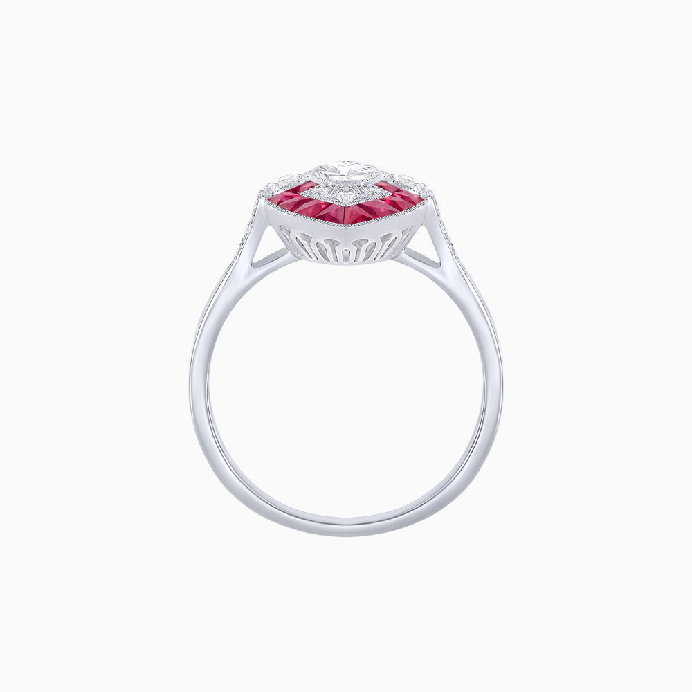 Art Deco Inspired Oval Cut Center Ring with Calibré-Cut Gemstone Navette Halo