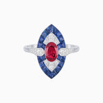 Load image into Gallery viewer, Art Deco Inspired Oval Cut Center Ring with Calibré-Cut Gemstone Navette Halo