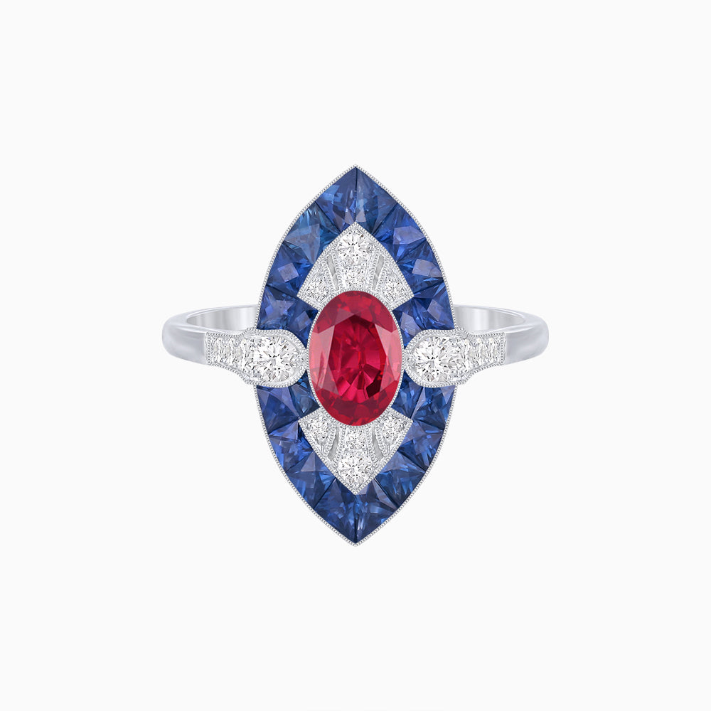 Art Deco Inspired Oval Cut Center Ring with Calibré-Cut Gemstone Navette Halo