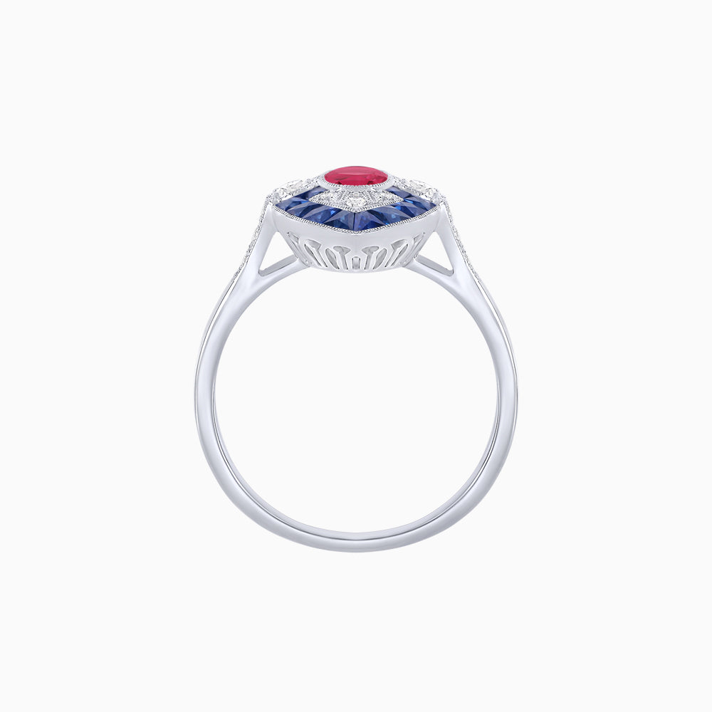 Art Deco Inspired Oval Cut Center Ring with Calibré-Cut Gemstone Navette Halo