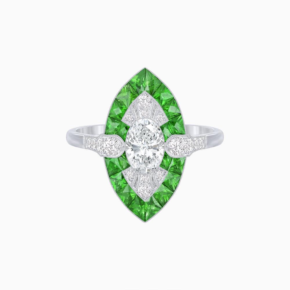 Art Deco Inspired Oval Cut Center Ring with Calibré-Cut Gemstone Navette Halo
