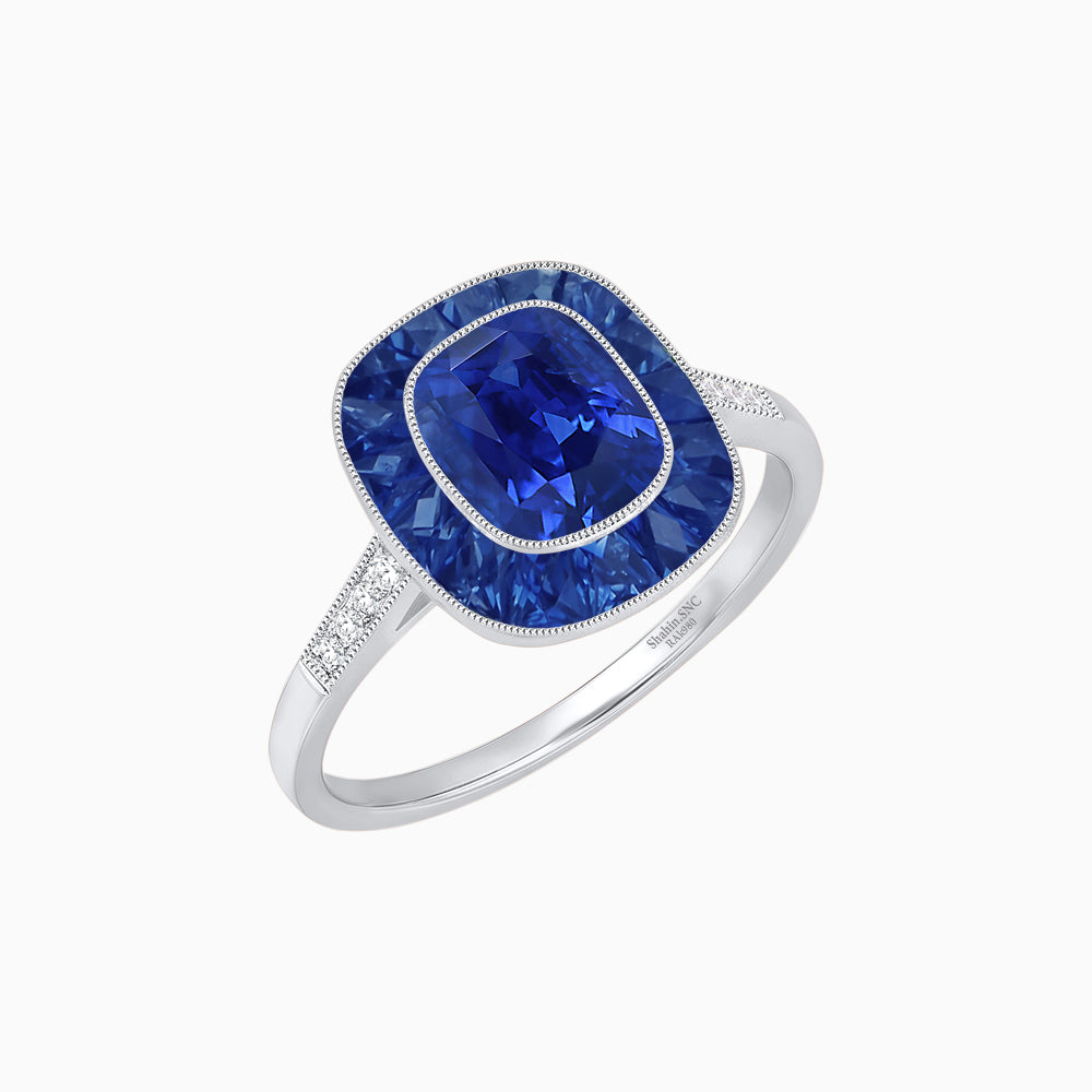 Art Deco Cushion Cut Ring with French-Cut Gemstone Halo and Diamond Accents