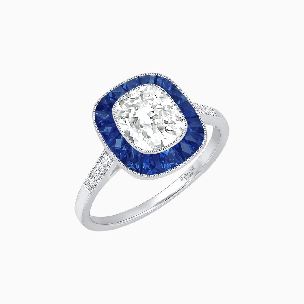 Art Deco Cushion Cut Ring with French-Cut Gemstone Halo and Diamond Accents