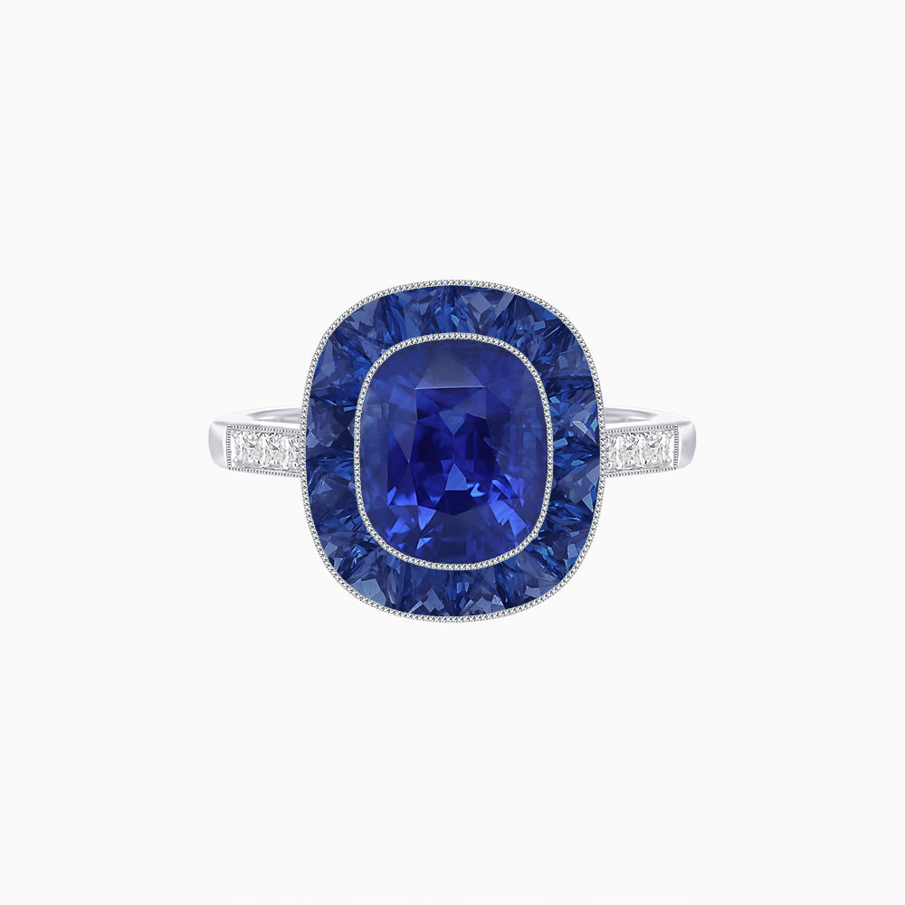 Art Deco Cushion Cut Ring with French-Cut Gemstone Halo and Diamond Accents