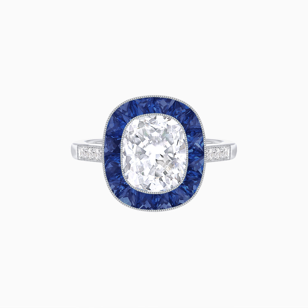 Art Deco Cushion Cut Ring with French-Cut Gemstone Halo and Diamond Accents