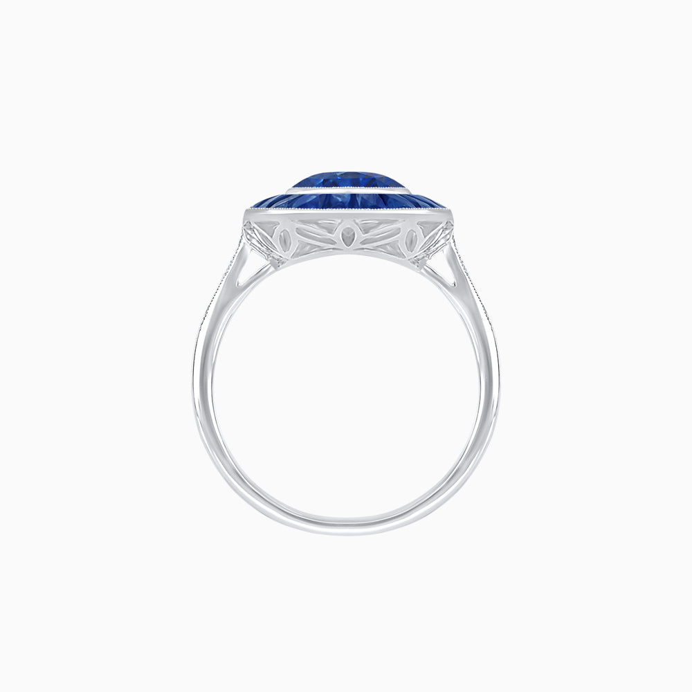Art Deco Cushion Cut Ring with French-Cut Gemstone Halo and Diamond Accents
