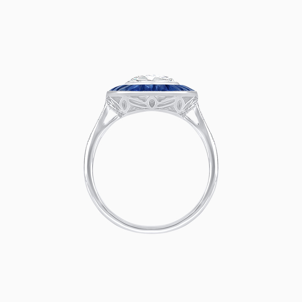 Art Deco Cushion Cut Ring with French-Cut Gemstone Halo and Diamond Accents