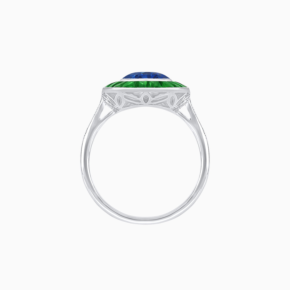 Art Deco Cushion Cut Ring with French-Cut Gemstone Halo and Diamond Accents