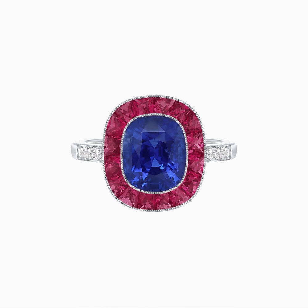Art Deco Cushion Cut Ring with French-Cut Gemstone Halo and Diamond Accents