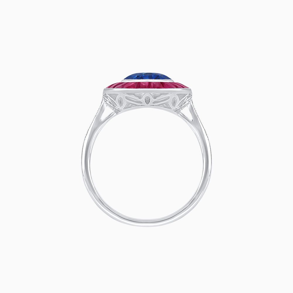 Art Deco Cushion Cut Ring with French-Cut Gemstone Halo and Diamond Accents