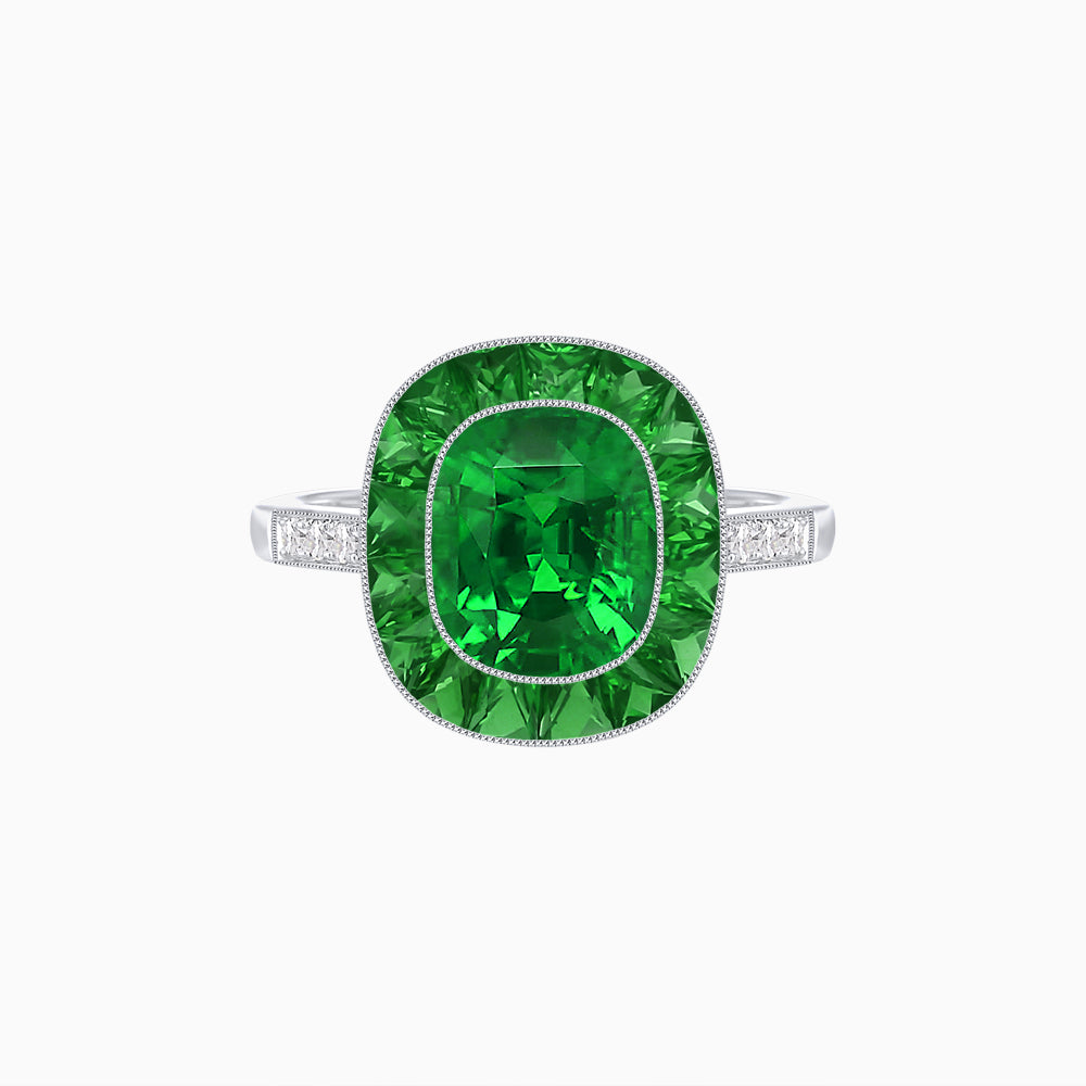 Art Deco Cushion Cut Ring with French-Cut Gemstone Halo and Diamond Accents