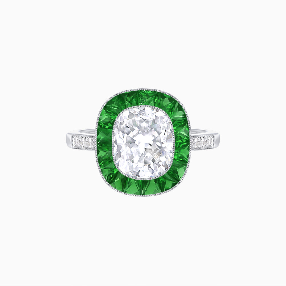 Art Deco Cushion Cut Ring with French-Cut Gemstone Halo and Diamond Accents
