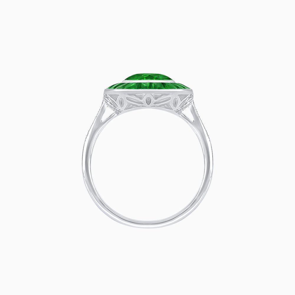 Art Deco Cushion Cut Ring with French-Cut Gemstone Halo and Diamond Accents