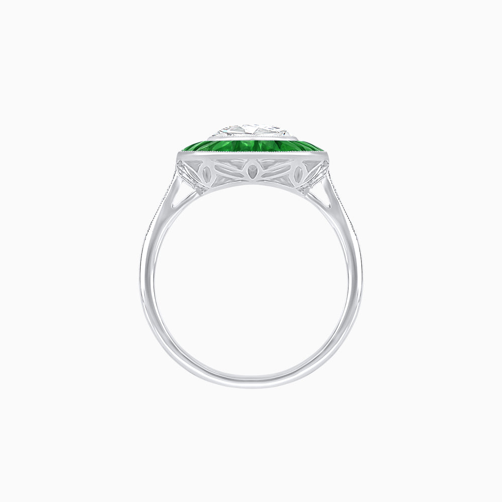 Art Deco Cushion Cut Ring with French-Cut Gemstone Halo and Diamond Accents