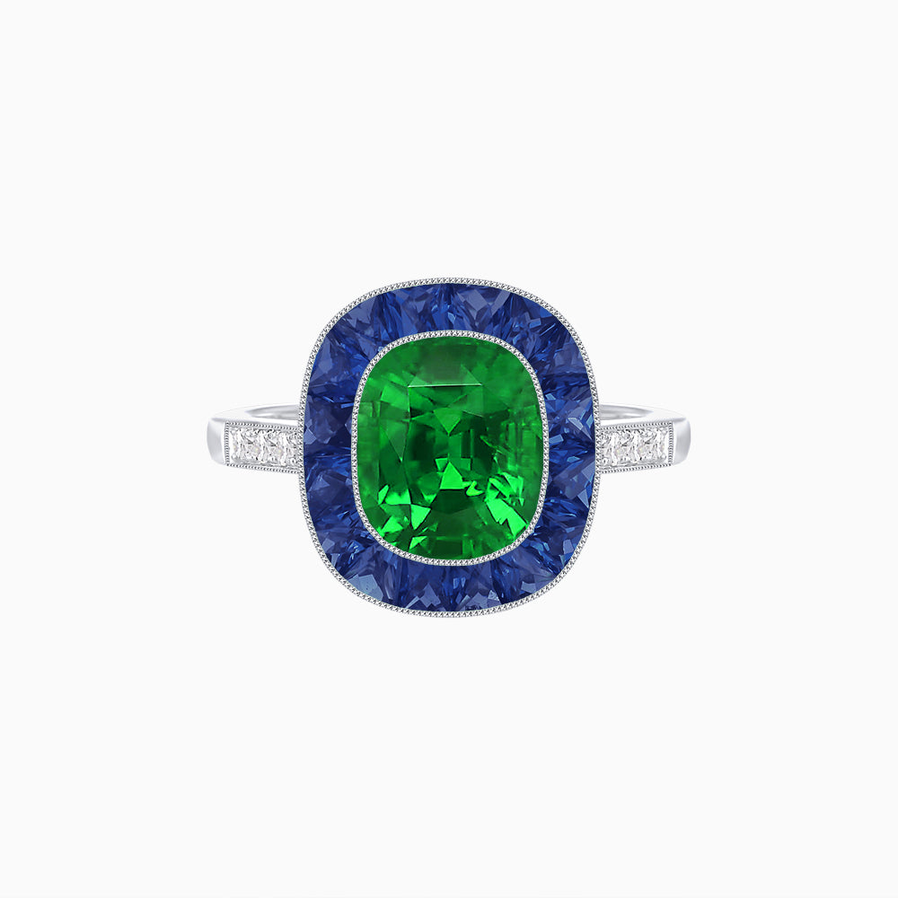 Art Deco Cushion Cut Ring with French-Cut Gemstone Halo and Diamond Accents