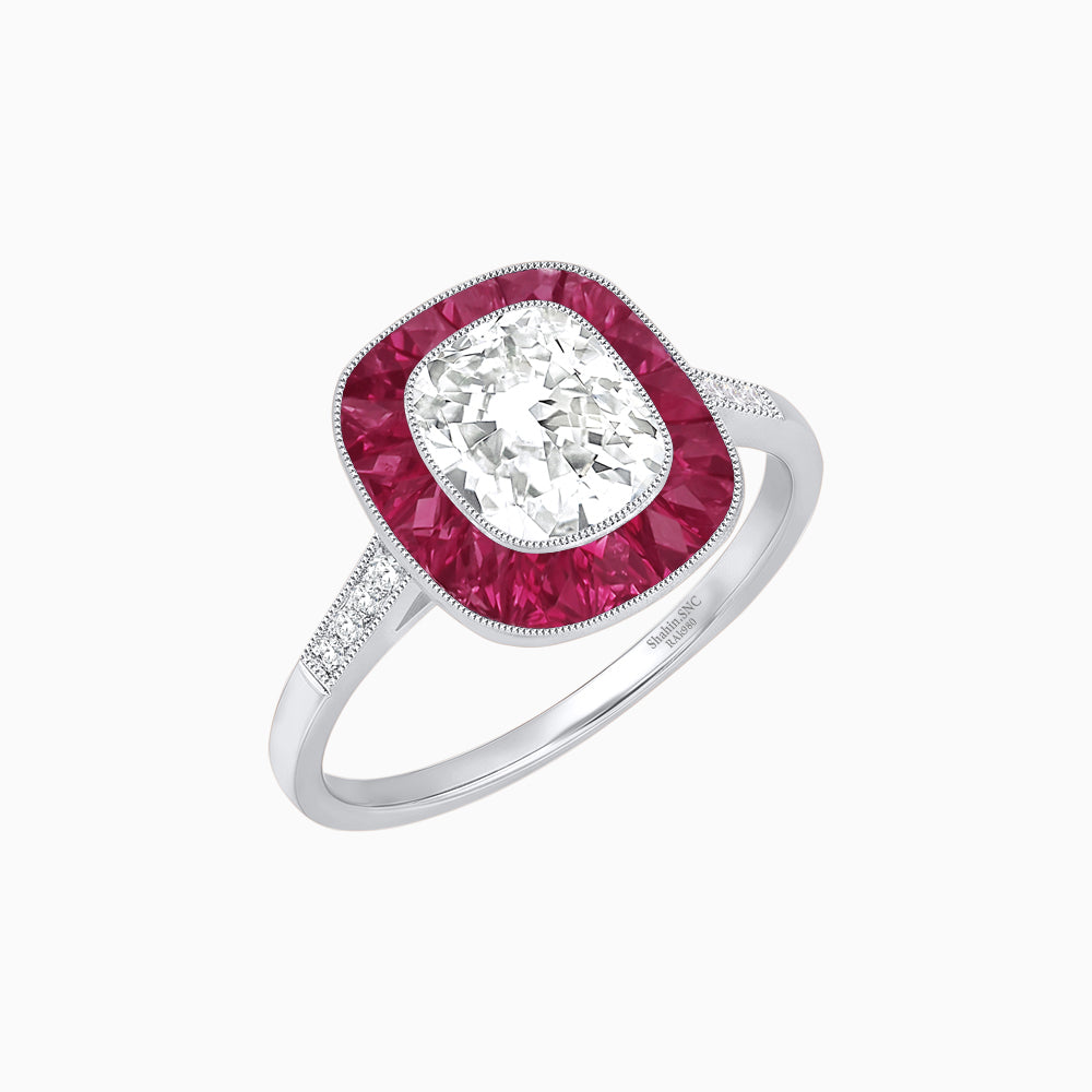 Art Deco Cushion Cut Ring with French-Cut Gemstone Halo and Diamond Accents