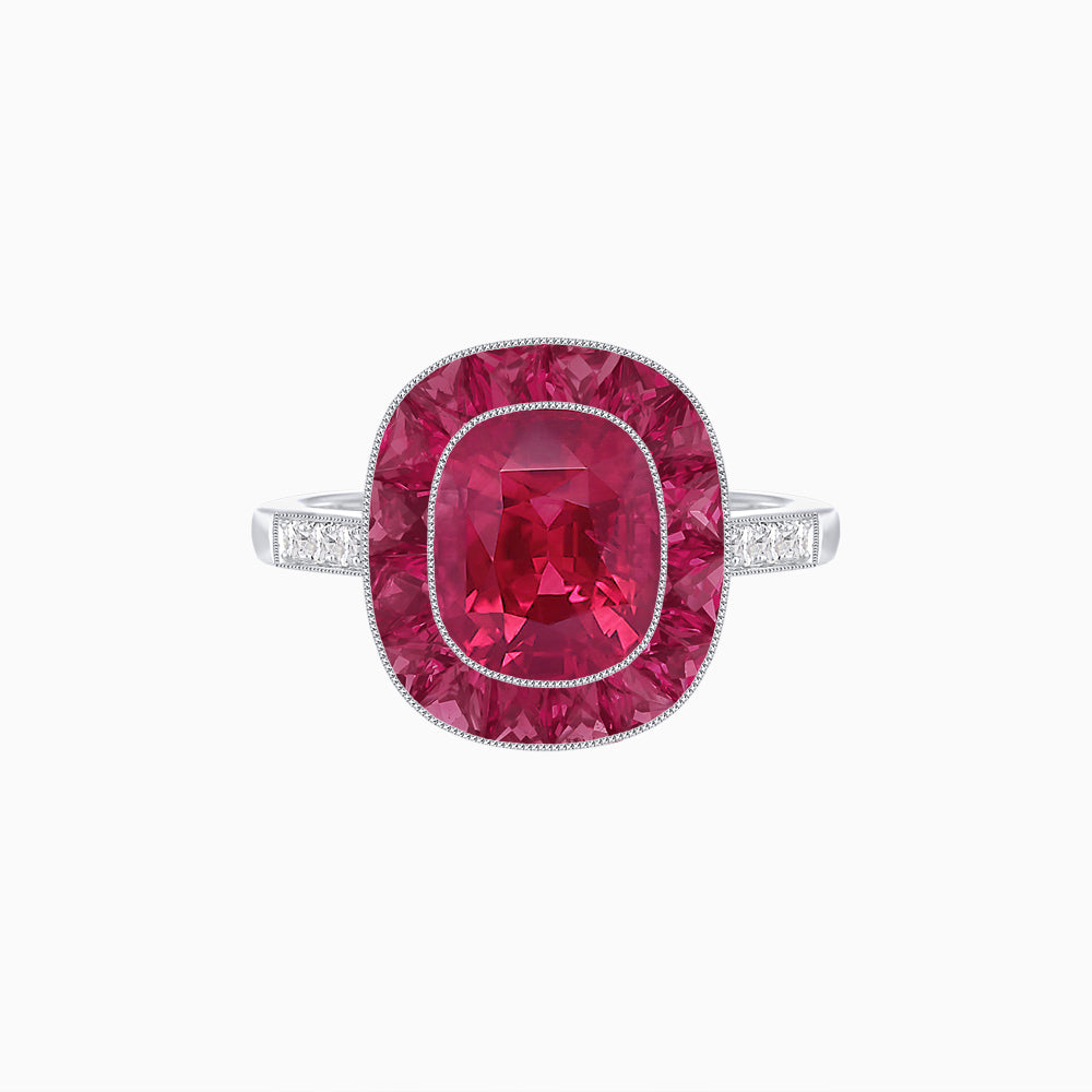 Art Deco Cushion Cut Ring with French-Cut Gemstone Halo and Diamond Accents