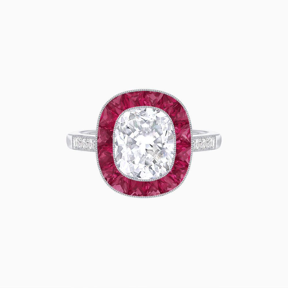 Art Deco Cushion Cut Ring with French-Cut Gemstone Halo and Diamond Accents