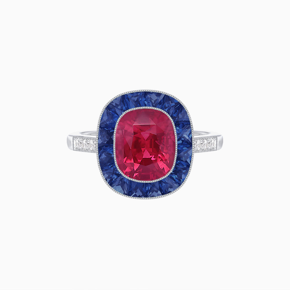 Art Deco Cushion Cut Ring with French-Cut Gemstone Halo and Diamond Accents