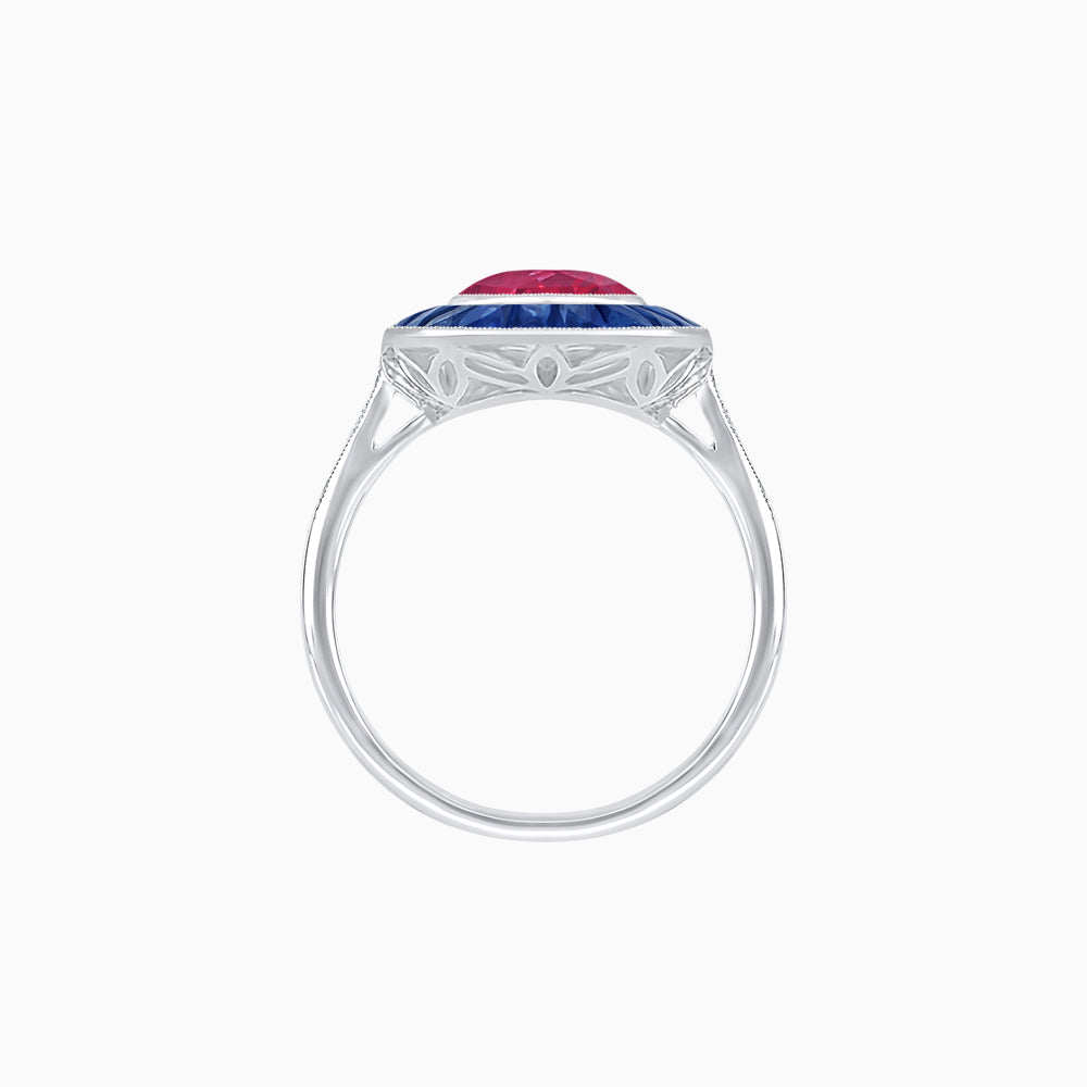 Art Deco Cushion Cut Ring with French-Cut Gemstone Halo and Diamond Accents