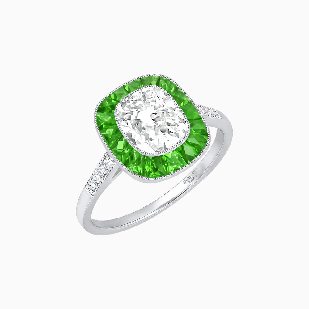 Art Deco Cushion Cut Ring with French-Cut Gemstone Halo and Diamond Accents