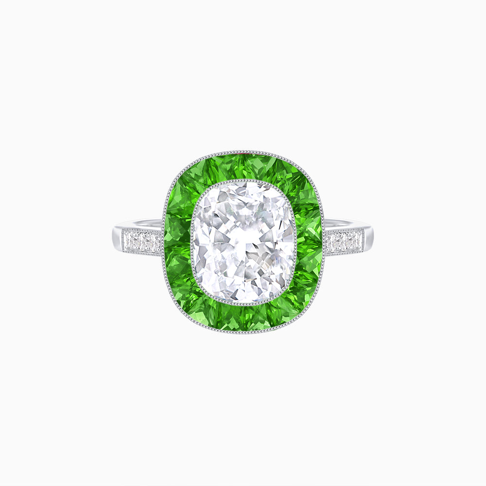 Art Deco Cushion Cut Ring with French-Cut Gemstone Halo and Diamond Accents