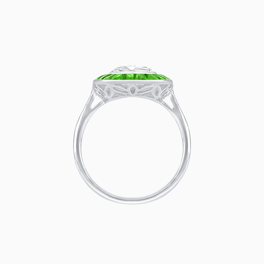 Art Deco Cushion Cut Ring with French-Cut Gemstone Halo and Diamond Accents