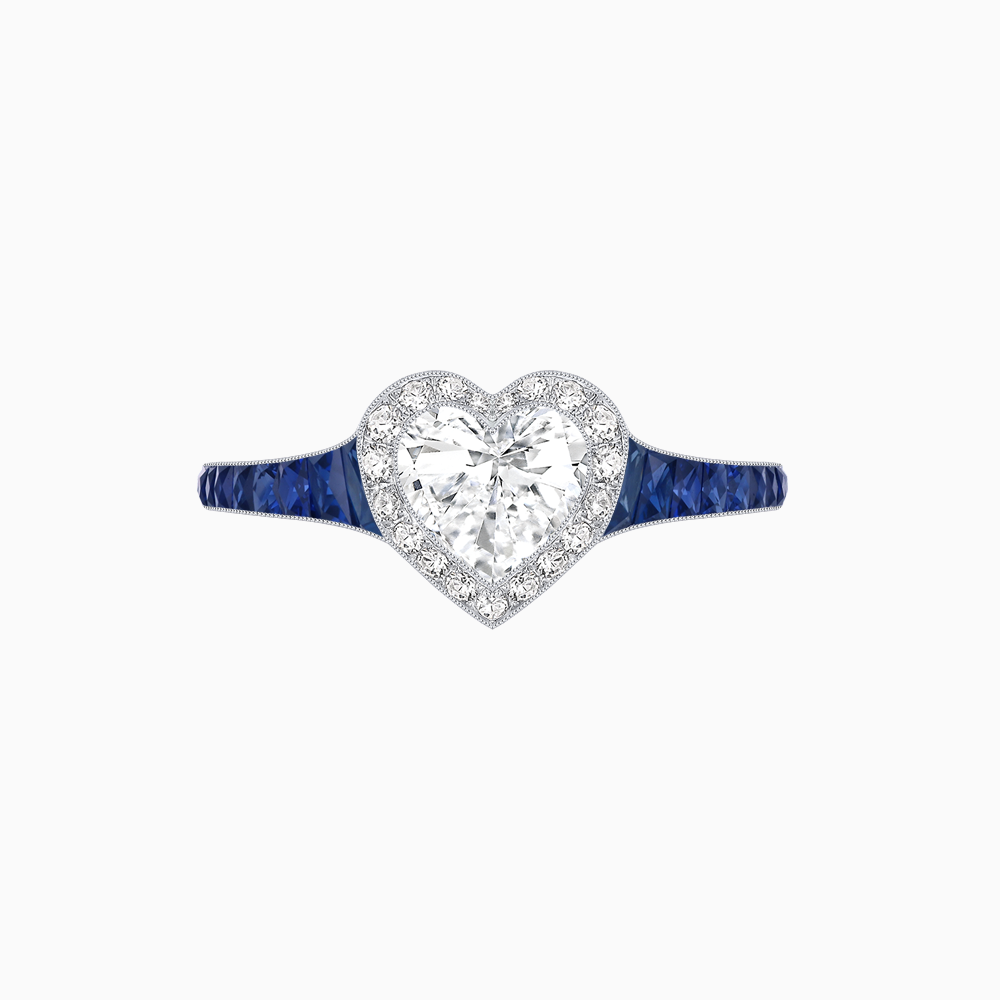 Art Deco Inspired Bezel-Set Heart Halo Ring with Calibré Gemstone Shoulders