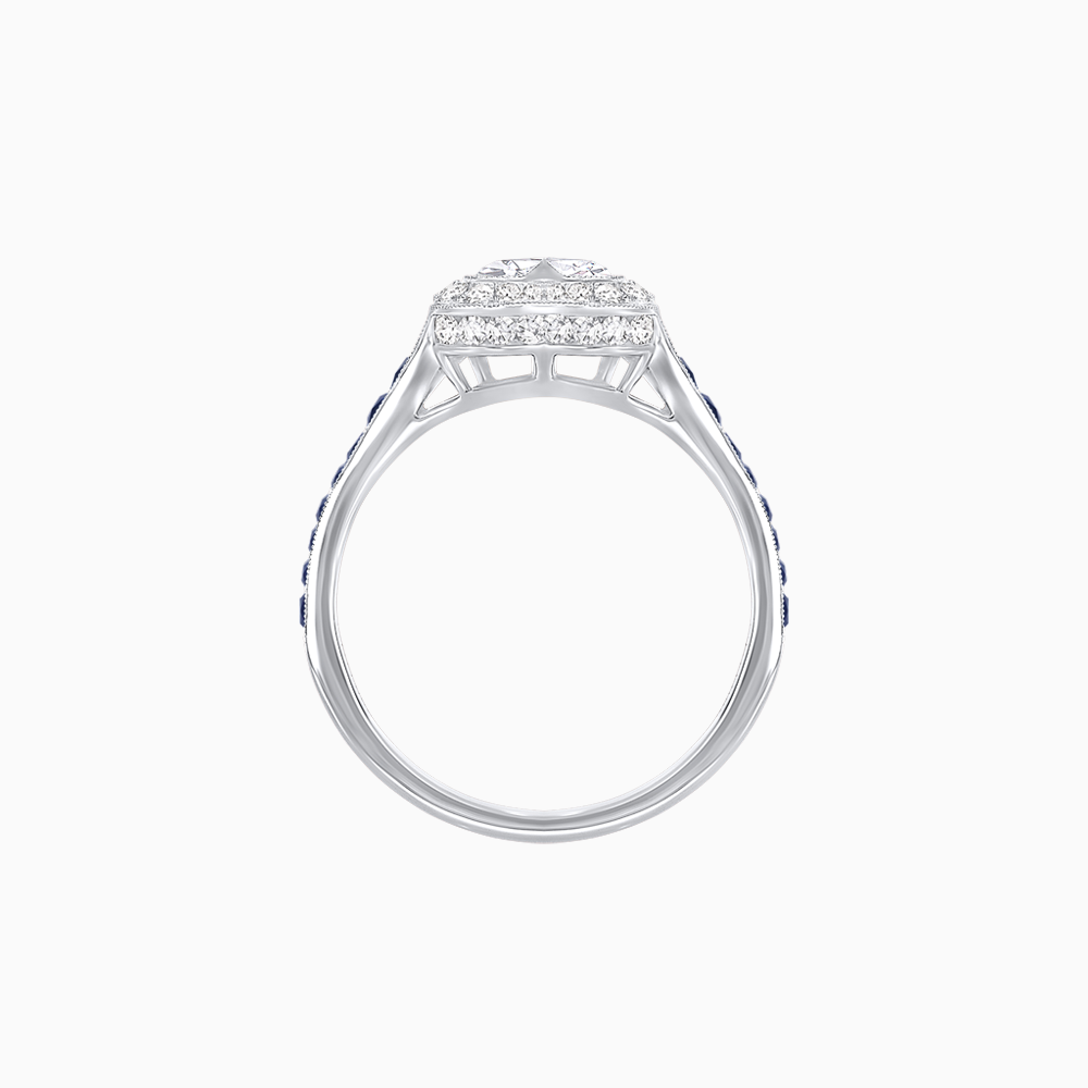 Art Deco Inspired Bezel-Set Heart Halo Ring with Calibré Gemstone Shoulders
