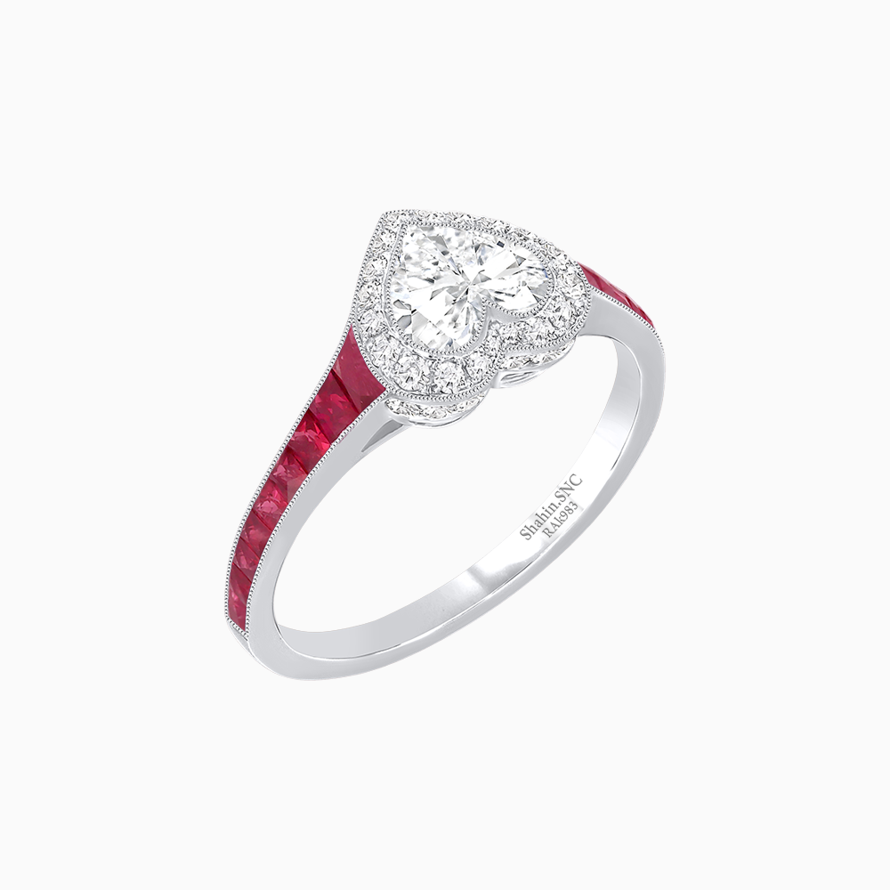 Art Deco Inspired Bezel-Set Heart Halo Ring with Calibré Gemstone Shoulders