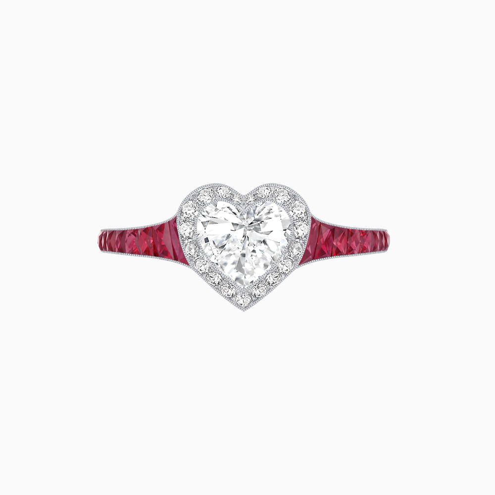 Art Deco Inspired Bezel-Set Heart Halo Ring with Calibré Gemstone Shoulders