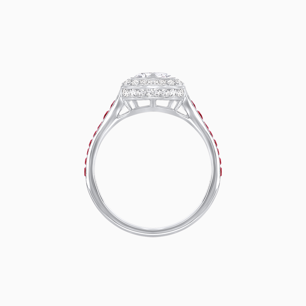 Art Deco Inspired Bezel-Set Heart Halo Ring with Calibré Gemstone Shoulders