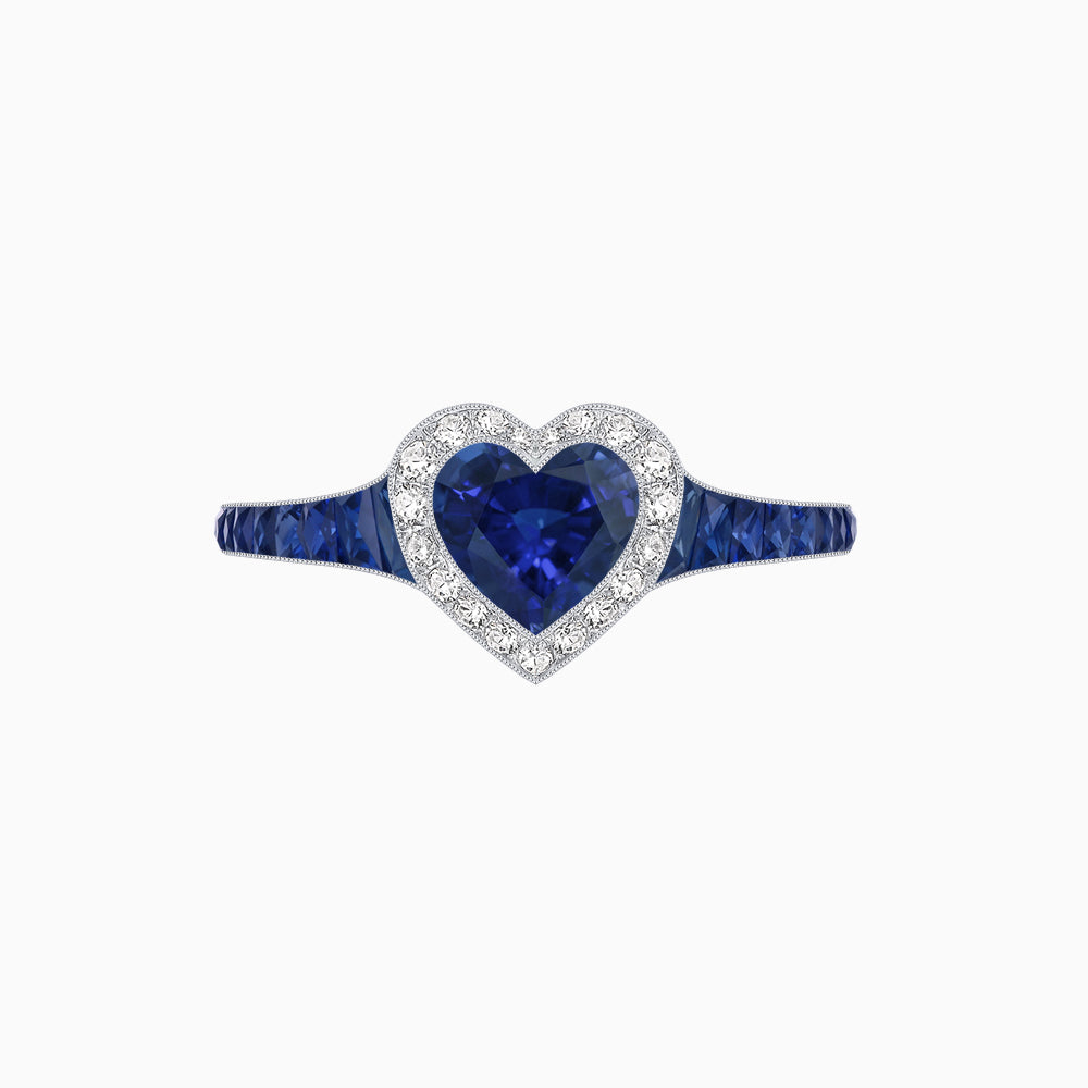 Art Deco Inspired Bezel-Set Heart Halo Ring with Calibré Gemstone Shoulders