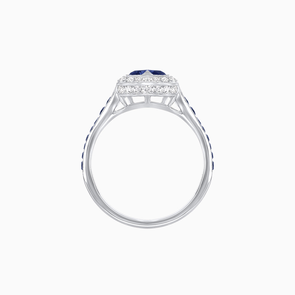 Art Deco Inspired Bezel-Set Heart Halo Ring with Calibré Gemstone Shoulders