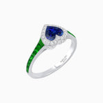 Load image into Gallery viewer, Art Deco Inspired Bezel-Set Heart Halo Ring with Calibré Gemstone Shoulders