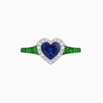 Load image into Gallery viewer, Art Deco Inspired Bezel-Set Heart Halo Ring with Calibré Gemstone Shoulders