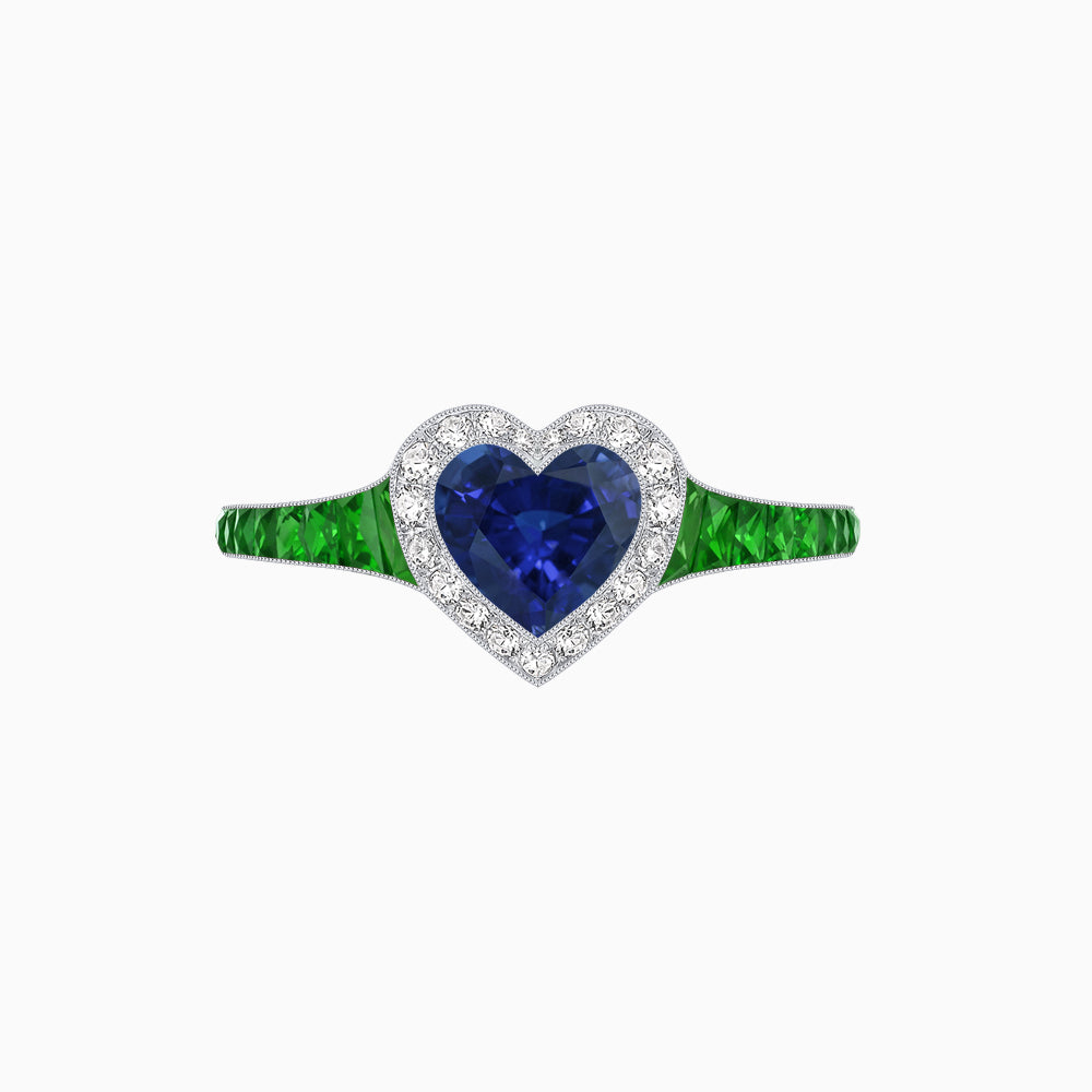 Art Deco Inspired Bezel-Set Heart Halo Ring with Calibré Gemstone Shoulders