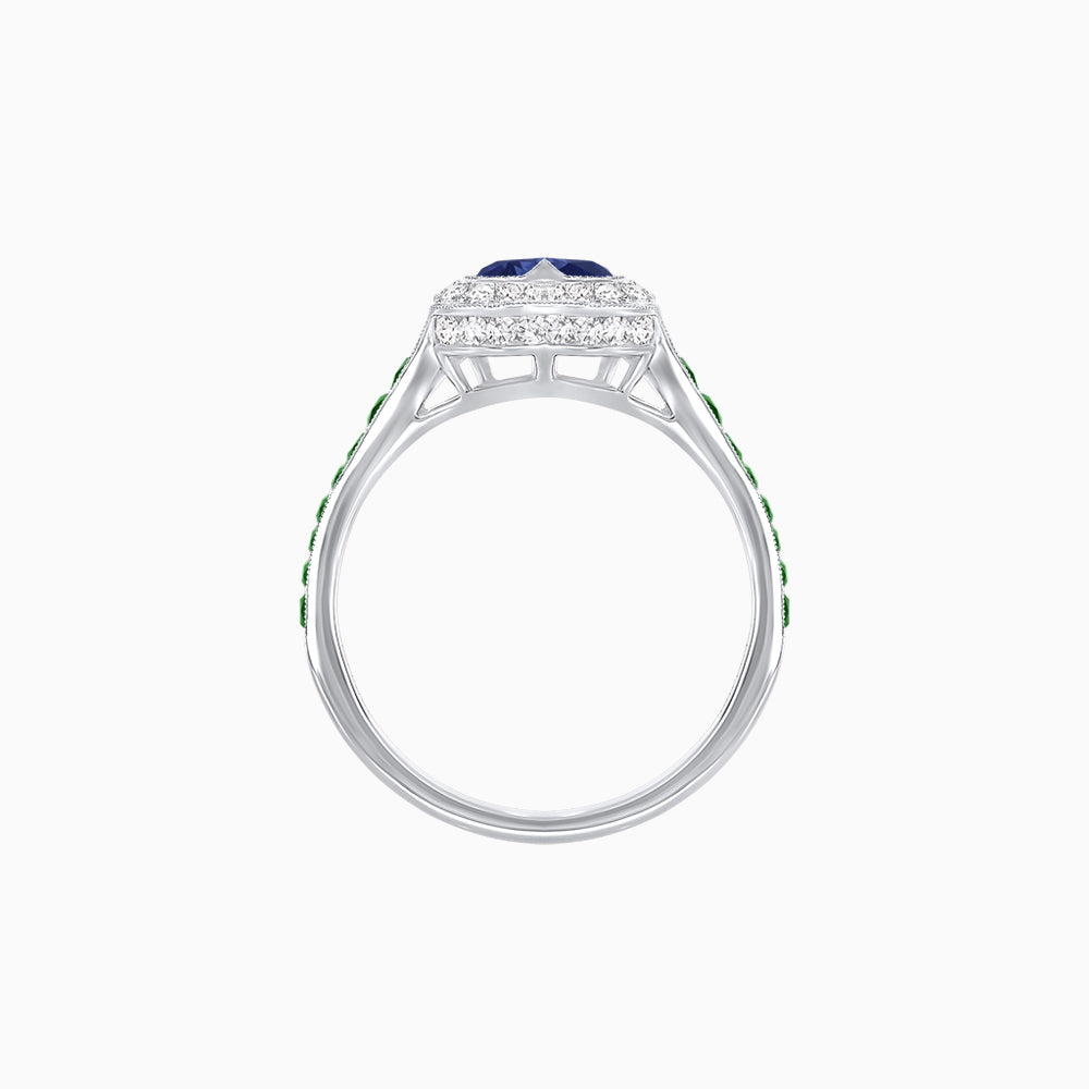 Art Deco Inspired Bezel-Set Heart Halo Ring with Calibré Gemstone Shoulders
