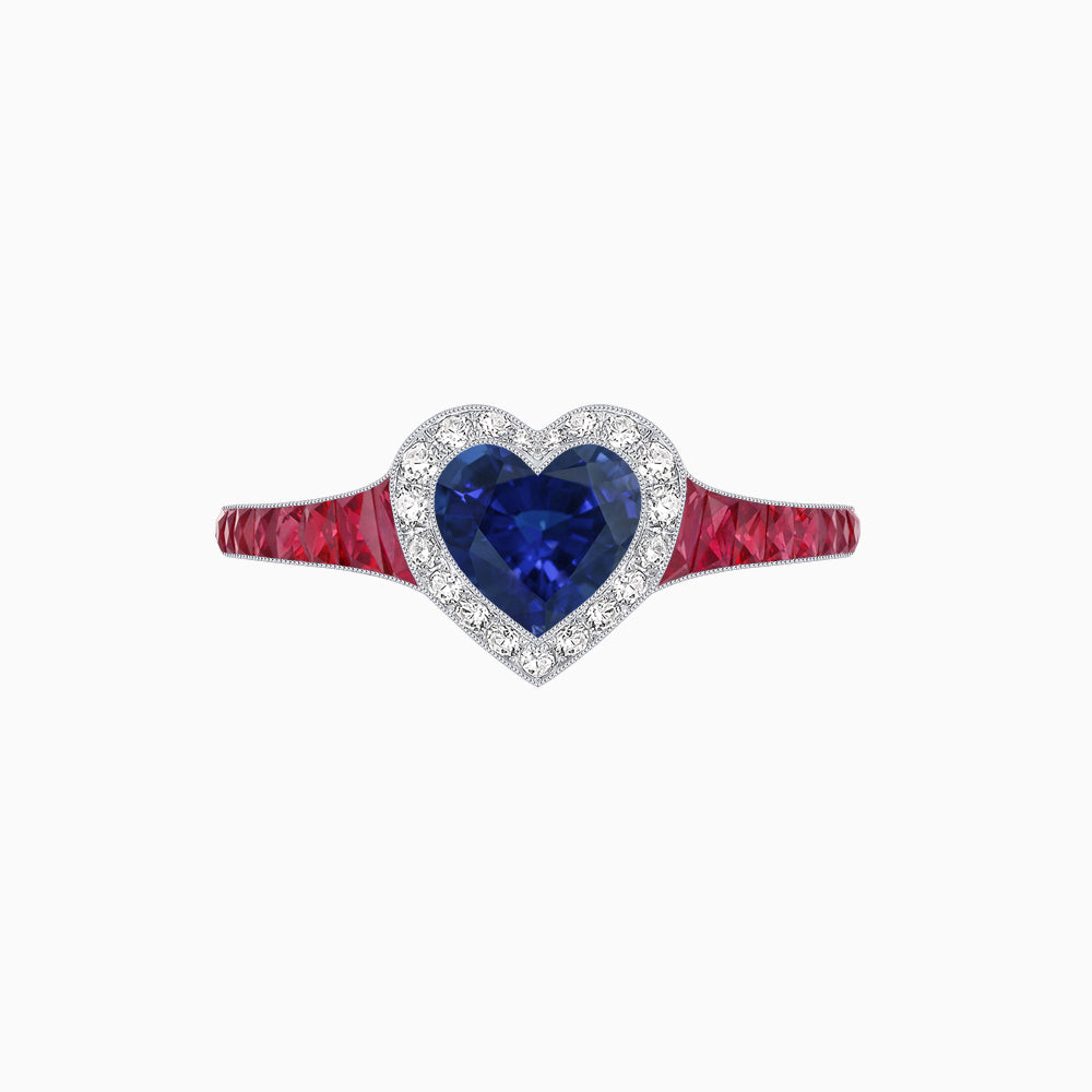 Art Deco Inspired Bezel-Set Heart Halo Ring with Calibré Gemstone Shoulders