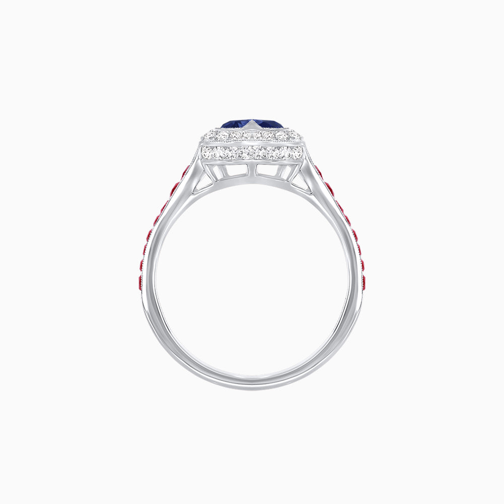 Art Deco Inspired Bezel-Set Heart Halo Ring with Calibré Gemstone Shoulders