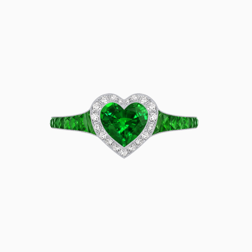 Art Deco Inspired Bezel-Set Heart Halo Ring with Calibré Gemstone Shoulders