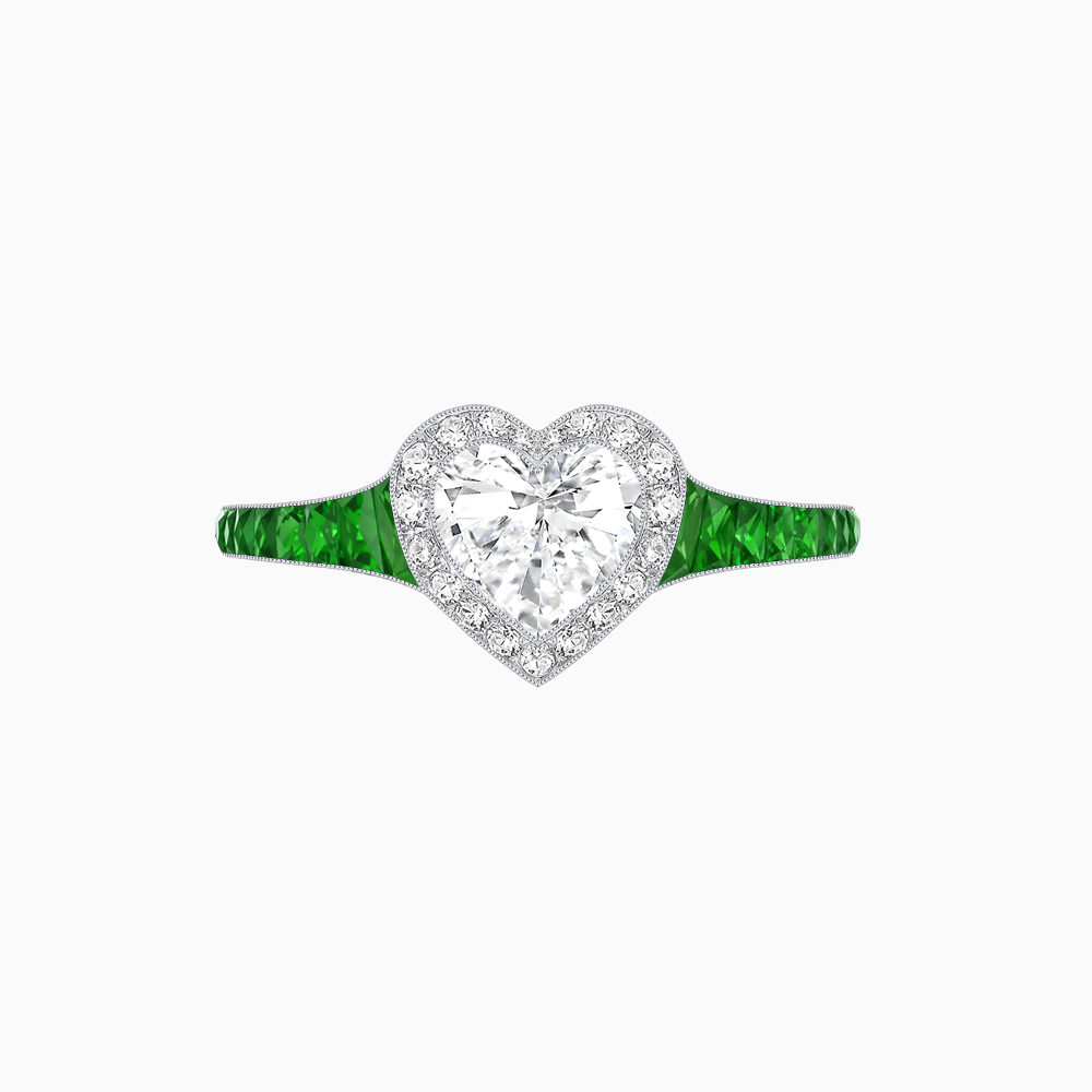 Art Deco Inspired Bezel-Set Heart Halo Ring with Calibré Gemstone Shoulders