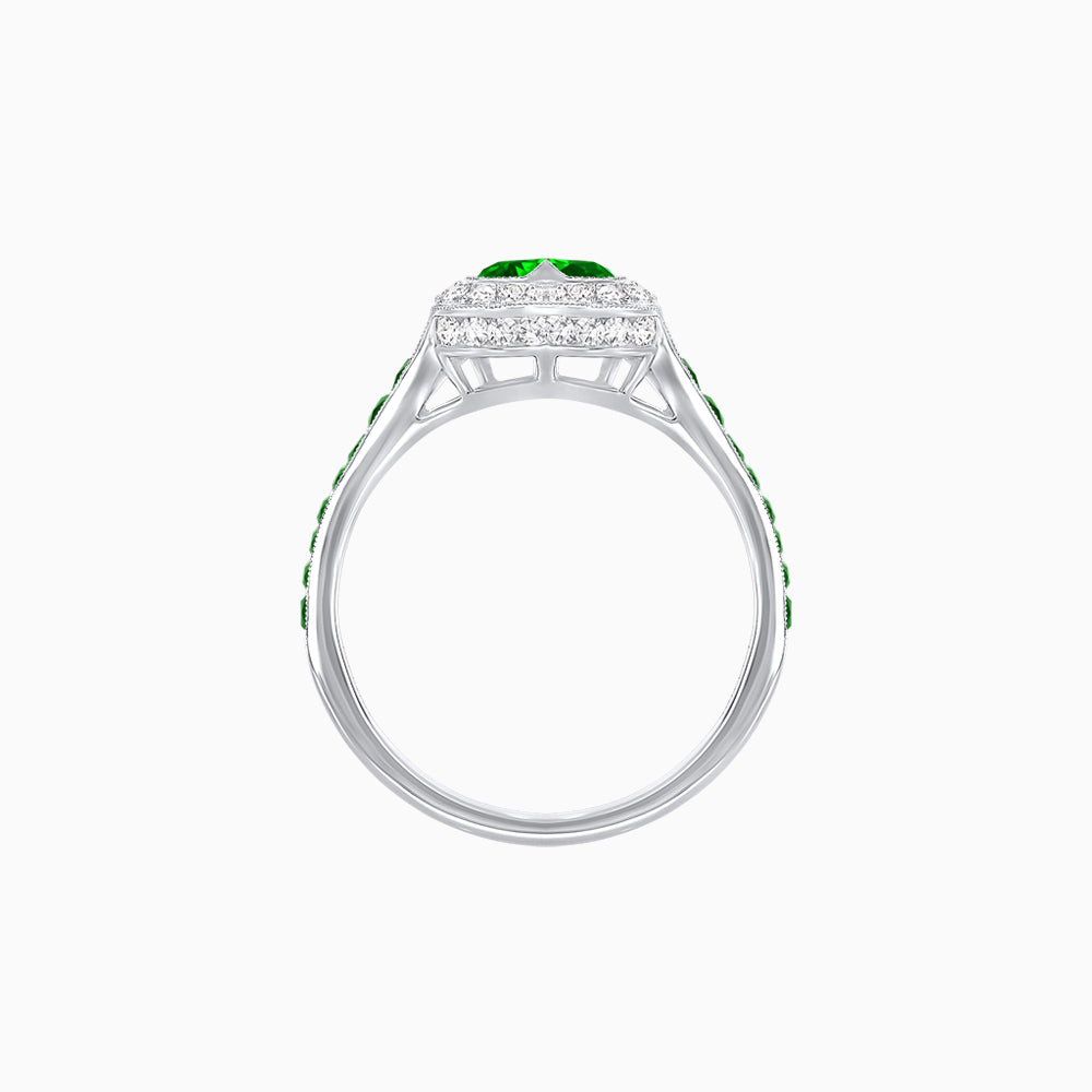 Art Deco Inspired Bezel-Set Heart Halo Ring with Calibré Gemstone Shoulders