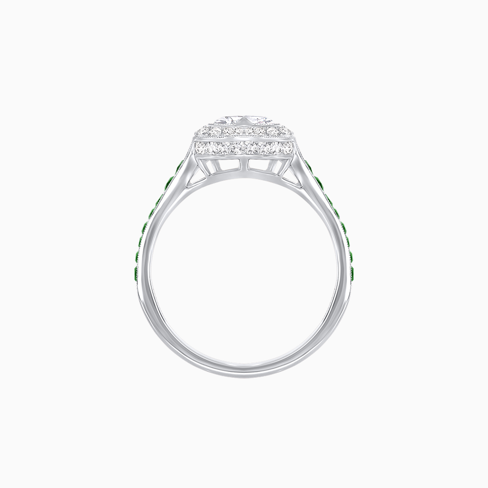 Art Deco Inspired Bezel-Set Heart Halo Ring with Calibré Gemstone Shoulders